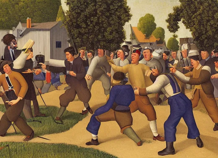 Prompt: painting of nerds fighting over who gets to vassalize pete buttigieg while working at netflix, regionalism style by grant wood