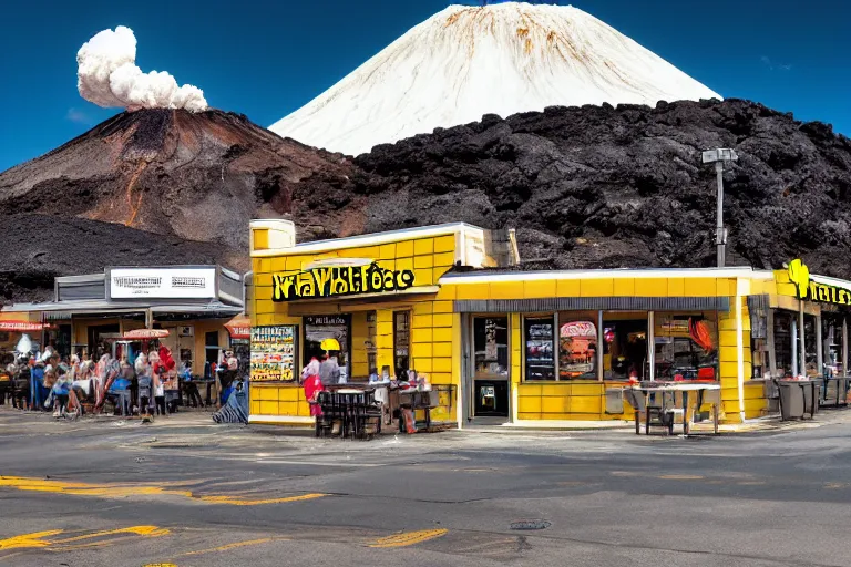 Image similar to waffle house located on an active volcano, highly detailed, hd, realism, photography