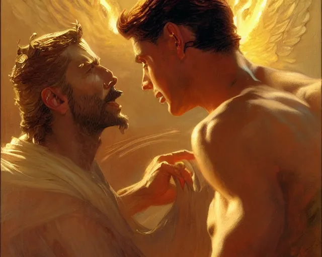 Prompt: attractive lucifer morningstar casting illusion over attractive mortal man. highly detailed painting by gaston bussiere, craig mullins, j. c. leyendecker 8 k