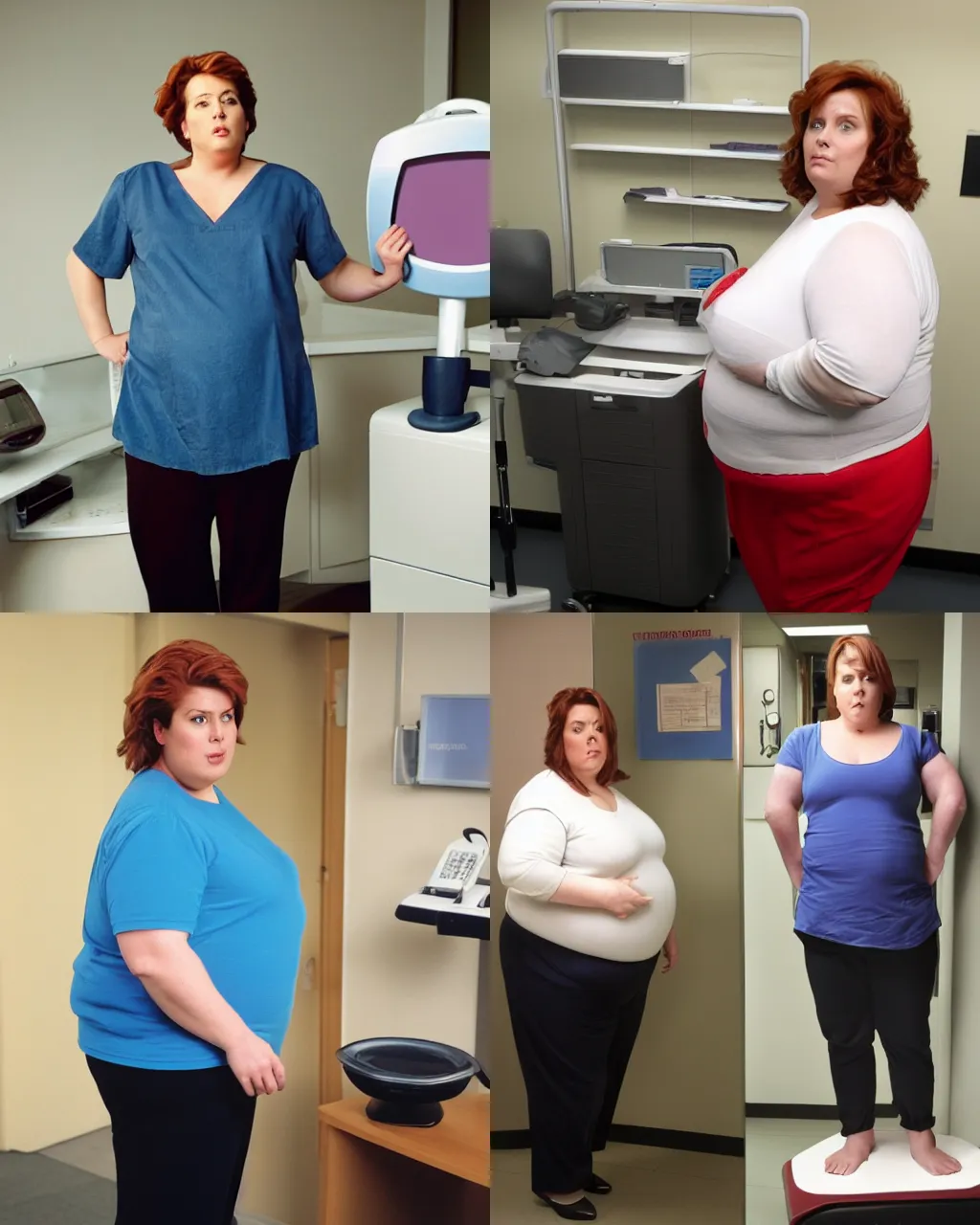 Prompt: mordbidly obese diane neal standing on a weighing scale, extremely fat, doctors office