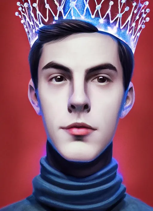 Image similar to portrait of teenage jughead jones wearing a light grey crown, crown, blue turtleneck, 1 9 5 0 s, closed eyes, photorealistic, black hair, glowing lighting, intricate, elegant, glowing lights, highly detailed, digital painting, artstation, concept art, smooth, sharp focus, illustration, art by wlop, mars ravelo and greg rutkowski