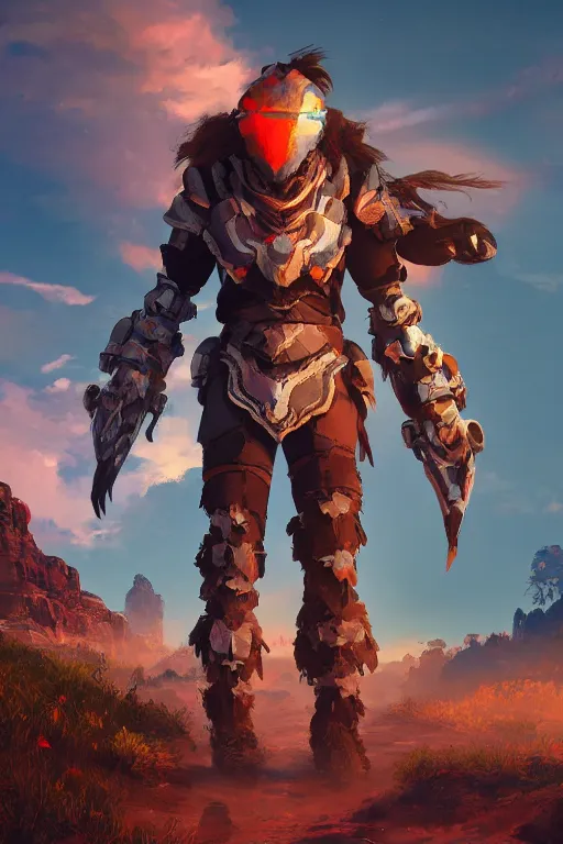 Image similar to combination suit armor aloy horizon forbidden west horizon zero dawn radiating a glowing aura global illumination ray tracing hdr fanart arstation by ian pesty and alena aenami artworks in 4 k tribal robot ninja mask helmet backpack