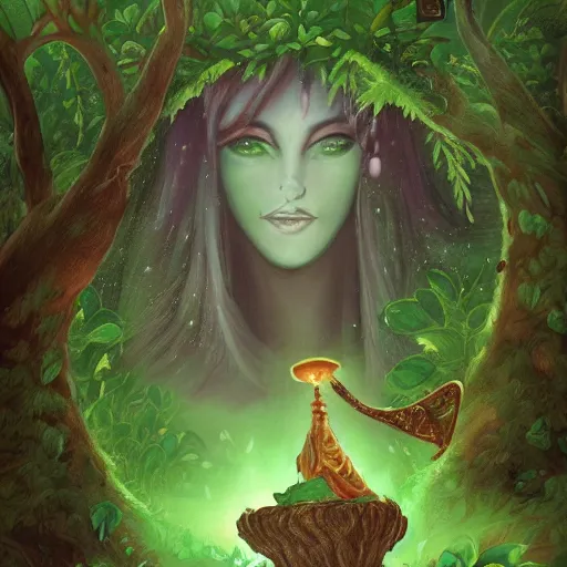 Image similar to a green genie deep in the forest, fantasy illustration