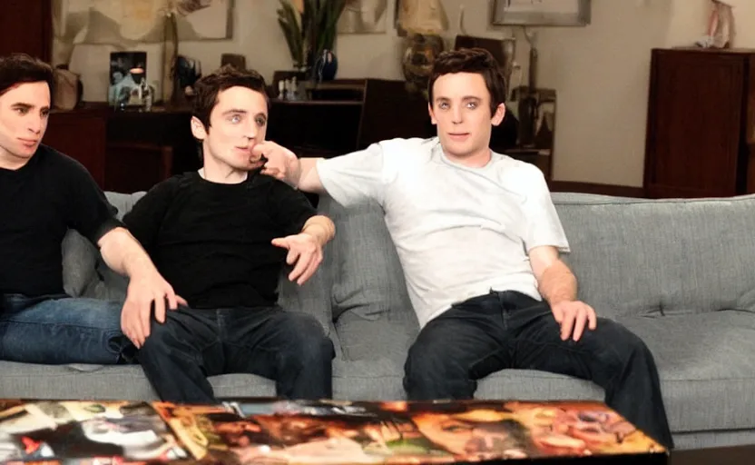 Image similar to john travolta and elijah wood sitting on a couch playing video game xbox ps 2