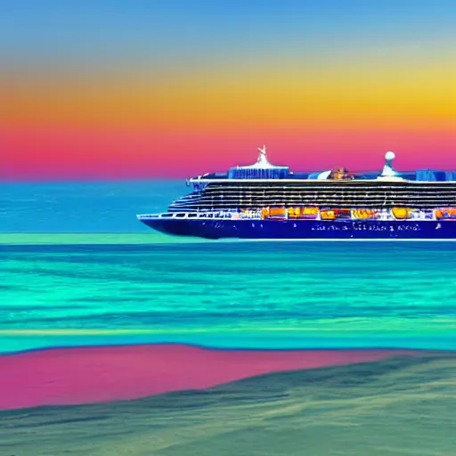 Image similar to a cruise ship chilling on the beach, sunset, vaporwave