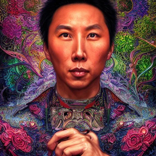 Image similar to portrait of donnie yen, hyper detailed masterpiece, neon floral pattern, jean giraud, digital art painting, darkwave goth aesthetic, psychedelic, artgerm, donato giancola and tom bagshaw