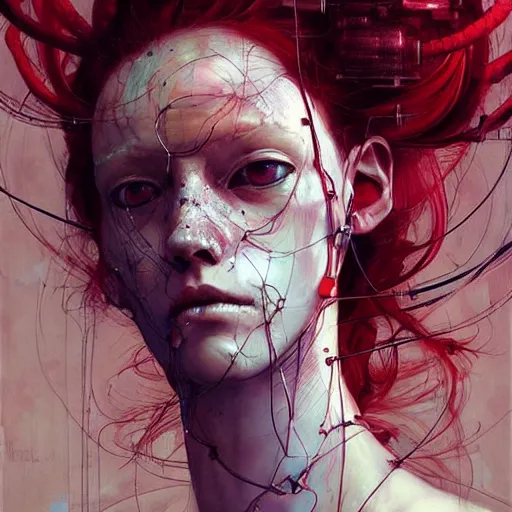 Image similar to beautiful redhead woman, cyberpunk dreams!, wires cybernetic implants!!, in the style of adrian ghenie, esao andrews, jenny saville, surrealism, dark art by james jean, takato yamamoto
