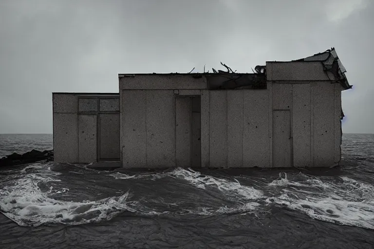 Prompt: danila tkachenko, low key lighting, an abandoned soviet apartment building in the middle of the ocean, storm, lighning storm, crashing waves, dramatic lighting