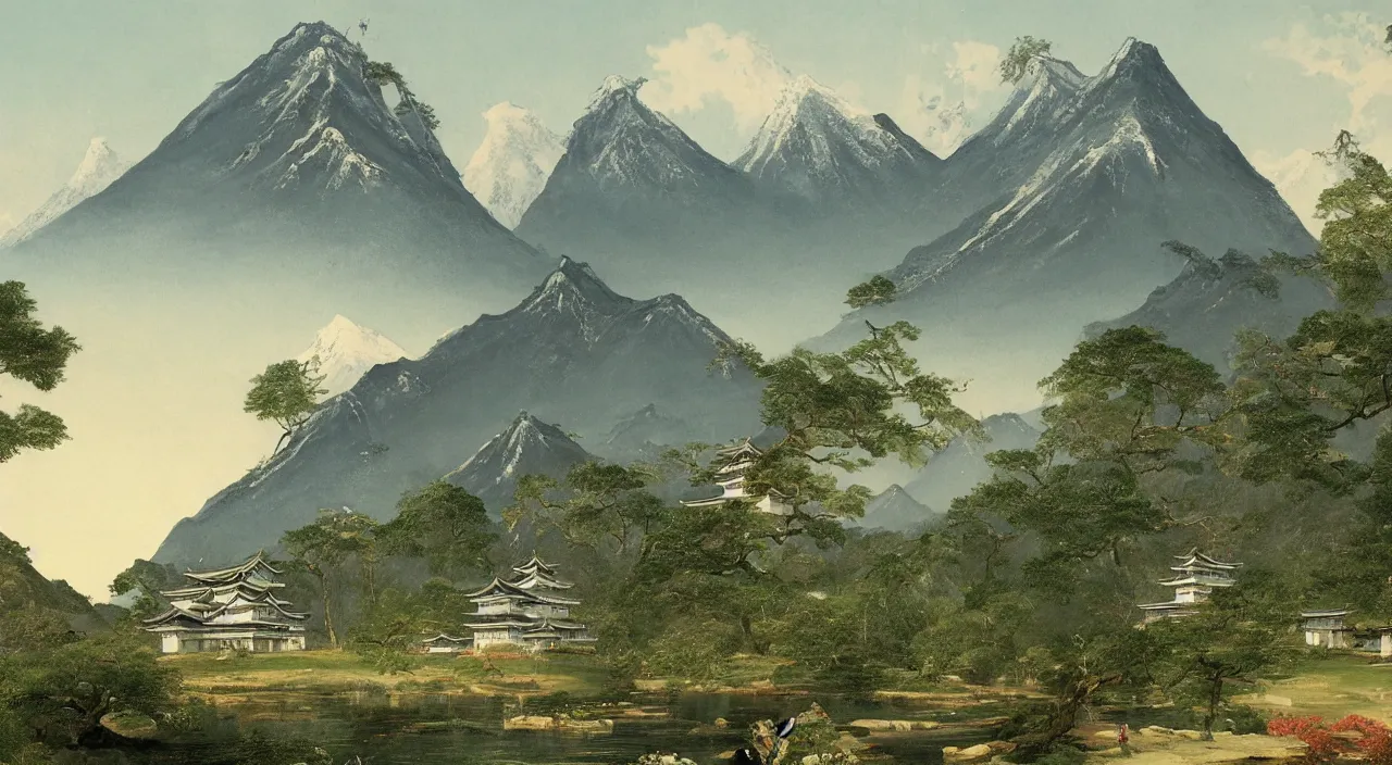 Image similar to a painting of a Japanese castle, with a garden as foreground, with mountains as background, by Thomas Cole