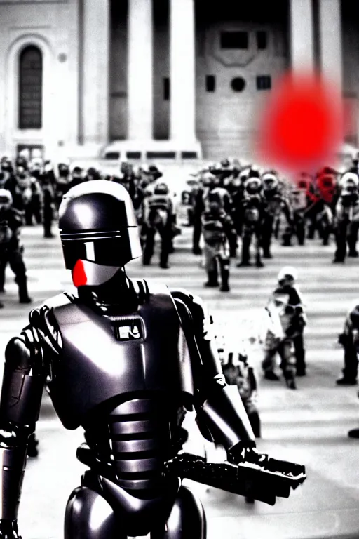 Image similar to Robocop at the Capitol Riot, red mist and bone, film photo, highly detailed