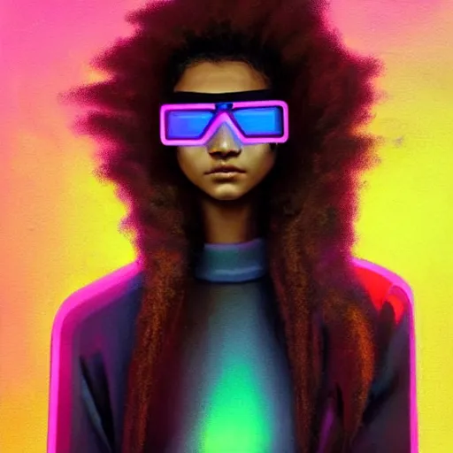 Image similar to zendaya wearing opaque reflective goggles profile picture by Greg Rutkowski, brown skin, very long afro hair, asymmetrical, futuristic, neon volumetric lights, cool colors, streetwear, studio ghibli, Organic Painting , Matte Painting, geometric shapes, hard edges, street art, trending on the artstation, fantasy LUT, realistic by Sachin Teng + Martin Grip + Moebius, techwear, Industrial Scifi, detailed illustration, character portrait,