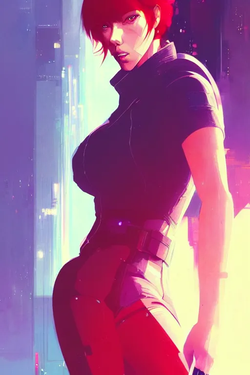 Image similar to a ultradetailed beautiful panting of scarlett johansson as motoko kusanagi, by conrad roset, greg rutkowski and makoto shinkai, trending on artstation