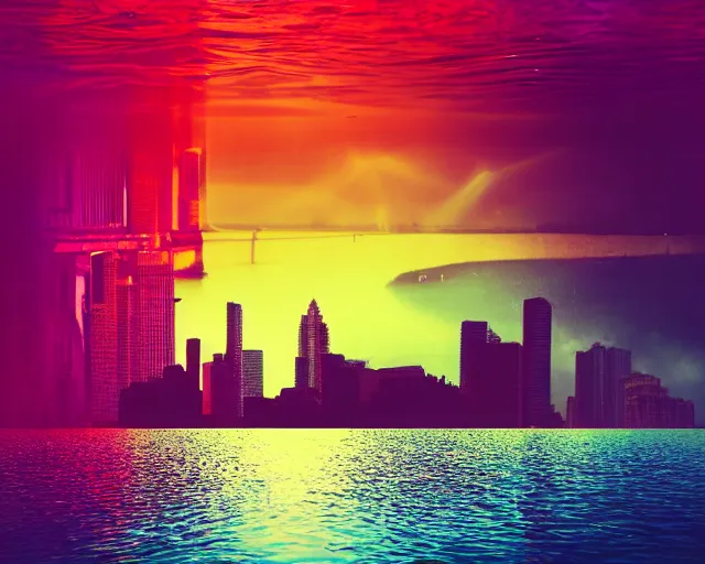 Prompt: a cityscape in the water, serene emotion, jellyfish elements, polaroid, glitched, red, yellow, purple, sun rays