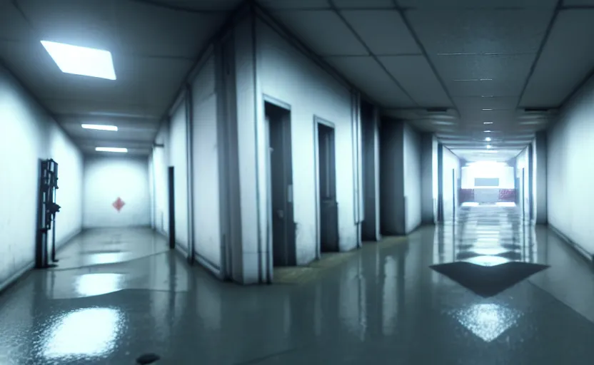 Image similar to screenshot of a first person shooter game on unreal engine 5, narrow modern hallways of a government office facility with white dry wall, female hands painted nails holding shotgun, photorealistic, retrofuturism, concept art, trending on artstation