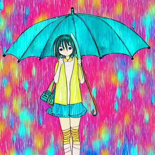 Image similar to rain, pattern, cute anime, vivid colors, watercolors, umbrella, girl