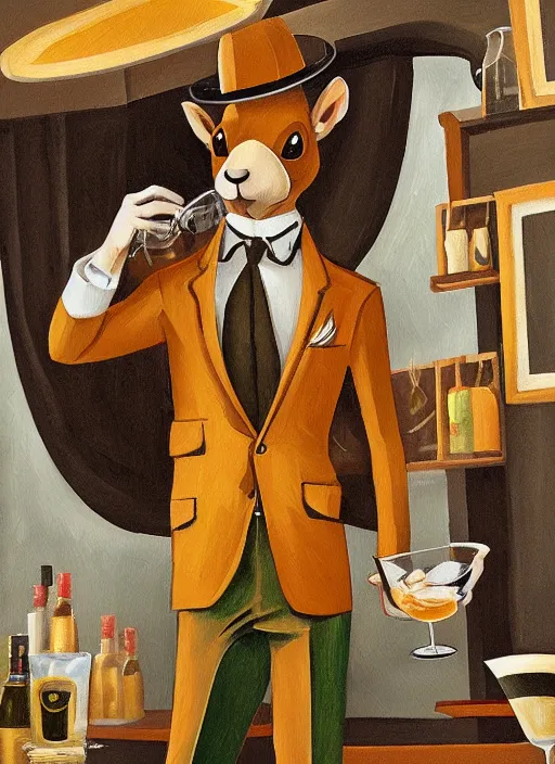 Image similar to squirrel anthro as a dapper bartender in a suit and tie, detailed art deco painterly art style 🐿🍸🍋, furaffinity, trending on artstation