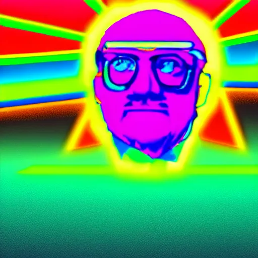 Prompt: neon green taco dancing on horizon cyberwave background with kernel sanders face as sun in the sky