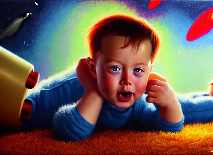 Image similar to toddler elon musk lying on a shaggy rug playing with his space rockets, realistic oil painting, beautiful soft lighting, istvan sandorfi