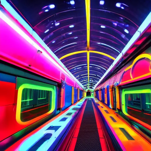 Prompt: space train station, futuristic, neon colours, highly saturated, high def, 8 k, hd, highly detailed,