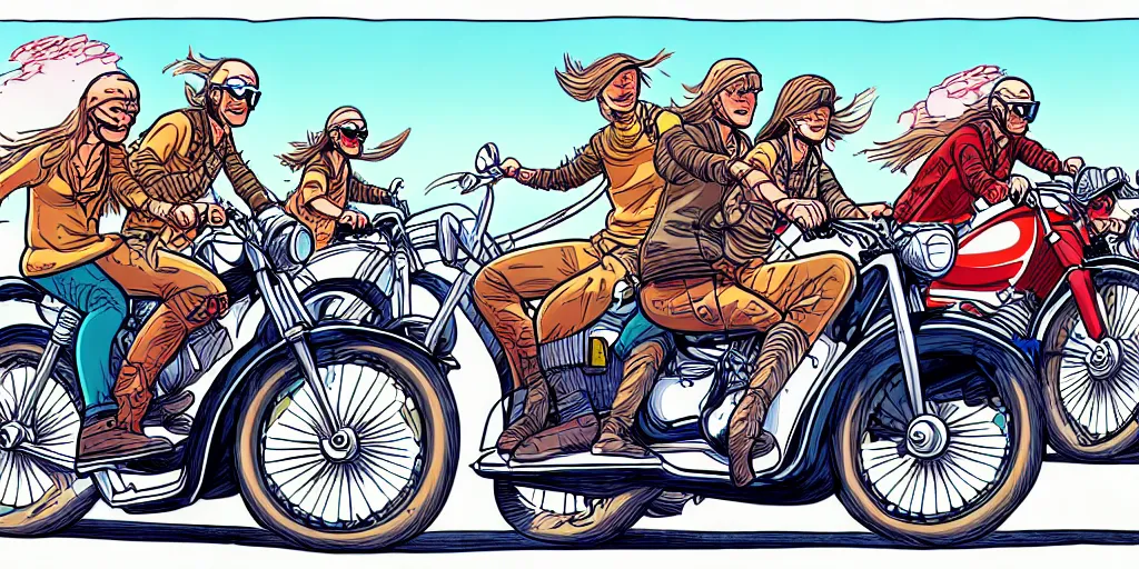 Image similar to four people riding on motorcycles in finland, summer, cartoon, moebius style, hyper - detailed