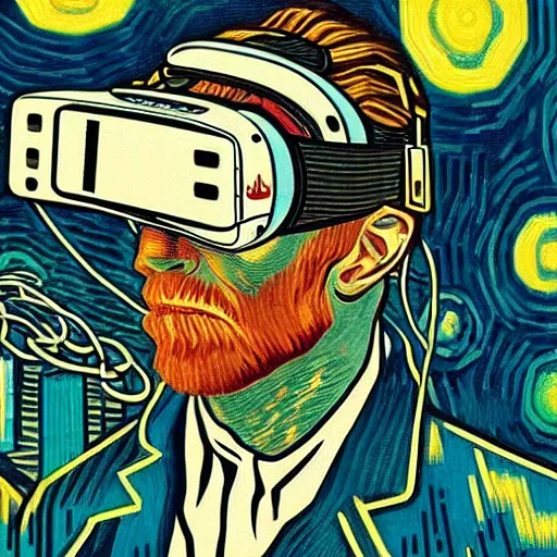 Prompt: Illustrated by Shepard Fairey and H.R. Geiger | Cyberpunk VAn Gogh with VR helmet, surrounded by cables