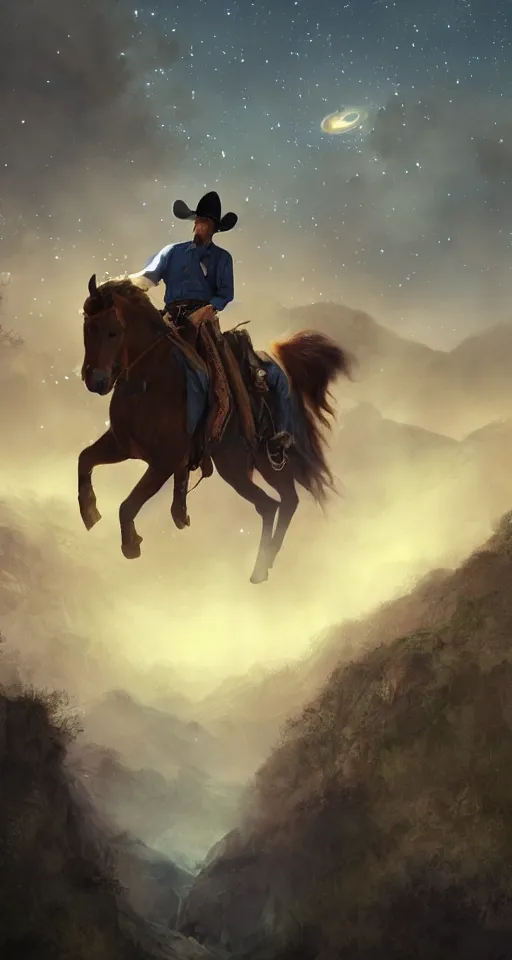 Image similar to a smoking cowboy riding his horse, overlooking a canyon, red hair and blue eyes, stars and galaxies visible in the nightsky, sad and introspective, highly detailed, artstation, stunning, 8 k