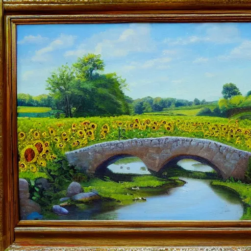 Prompt: Stone bridge over brook, pastoral scene. Summer, sunflowers. Oil on canvas, award winning