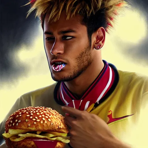 Image similar to Neymar eating a KFC zinger, closeup, giant zinger, D&D, fantasy, intricate, elegant, highly detailed, digital painting, artstation, concept art, matte, sharp focus, illustration, art by Artgerm and Greg Rutkowski and Alphonse Mucha