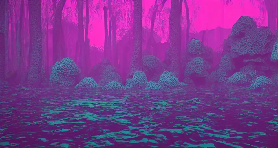 Image similar to vaporwave 3d Render of deep sea forest, grainy, noisy