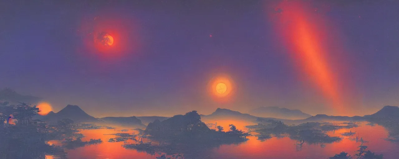 Image similar to awe inspiring bruce pennington landscape, digital art painting of 1 9 6 0 s, japan at night, 4 k, 8 k