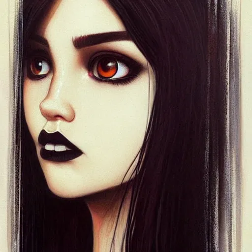 Image similar to a painting of an emo goth mexican girl with long dark hair thick eyebrows dark eyes and dark circles wide nose big eyes oval face shape big cheeks, a photorealistic painting by tran nguyen and ilya kuvshinov, featured on deviantart, gothic art, goth, gothic, detailed painting