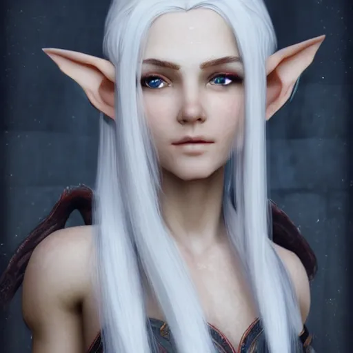 Prompt: portrait of a female half - elf with white skin, white hair, white eyes without pupils, short wavy hair, eyebrow scar, trending on artstation, ethereal, gentle smile, friendly, glowing, angled