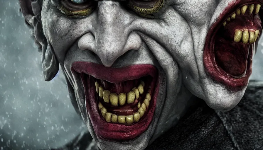 Image similar to close - up skyrim character screenshot of the joker screaming at you about society, solo portrait, enb, 4 k, bokeh, beautiful, detailed