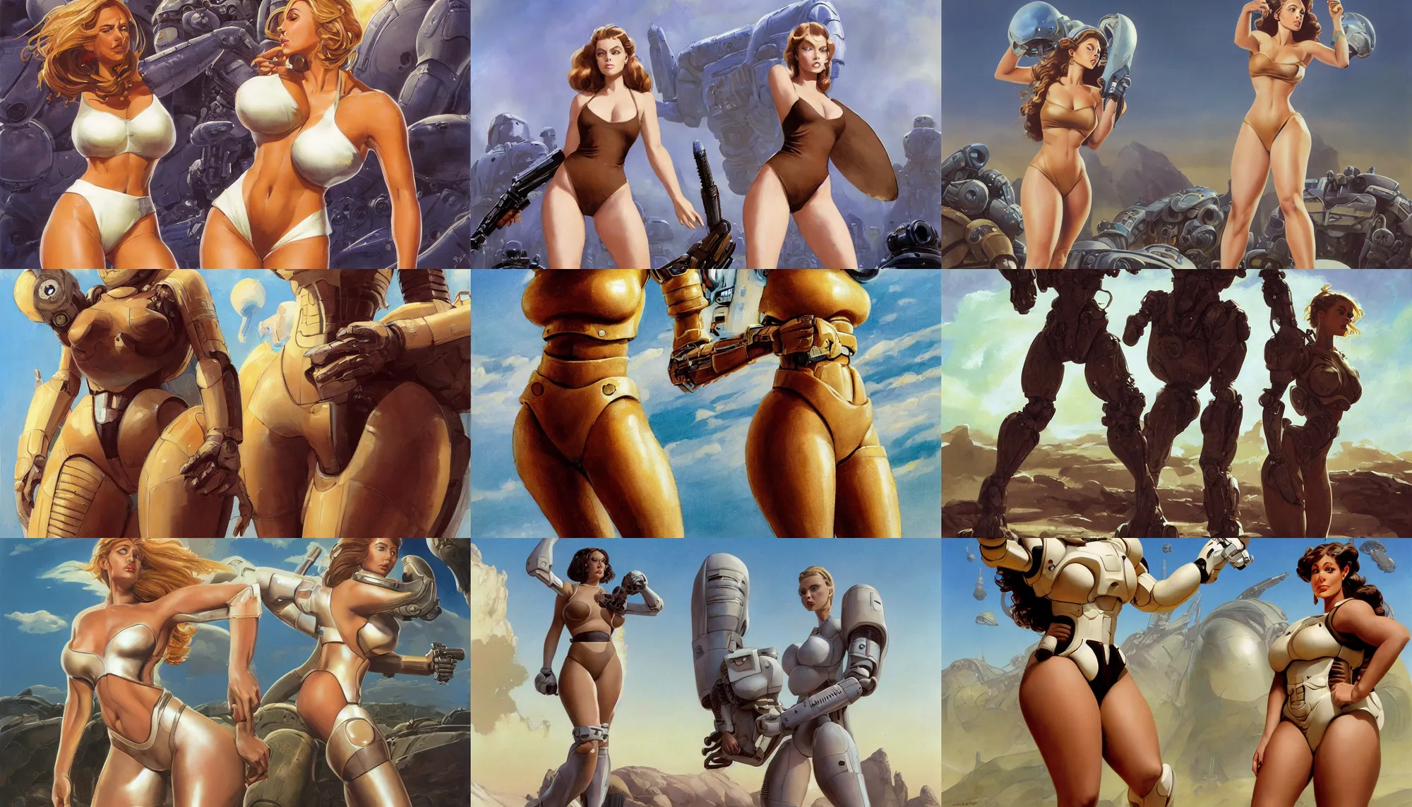 Prompt: A mixed media portrait painting of a very beautiful light-brown-hair woman on an alien planet, very curvy, aesthetic! high-waisted white-bikini-armor and boots, aesthetic symmetrical face and eyes, model, wet, pacific-rim-mech in background, starship-troopers, by Frank Frazetta, Boris Vallejo, Beeple, Greg Rutkowski, Christian MacNevin, eighties pinup style, goddess, bombshell, epic fantasy character art, high fantasy, CGsociety, exquisite detail, post-processing, masterpiece, cinematic