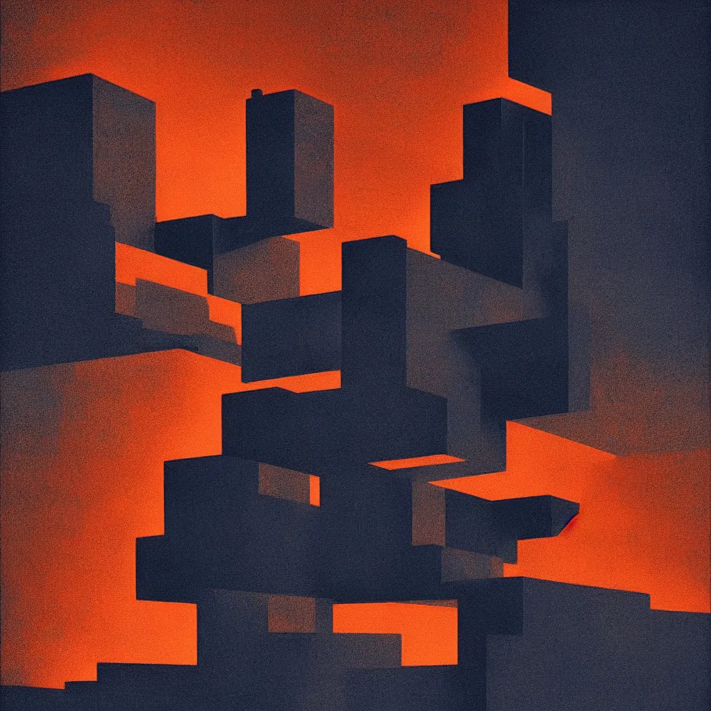 Prompt: art gallery, mads berg, karolis strautniekas, film noir, stippled light, dramatic lighting, editorial illustration, detailed, fine texture, matte print, art deco, brutalism, dark blue + dark orange, red, black, ( ( habitat 6 7 background ) )