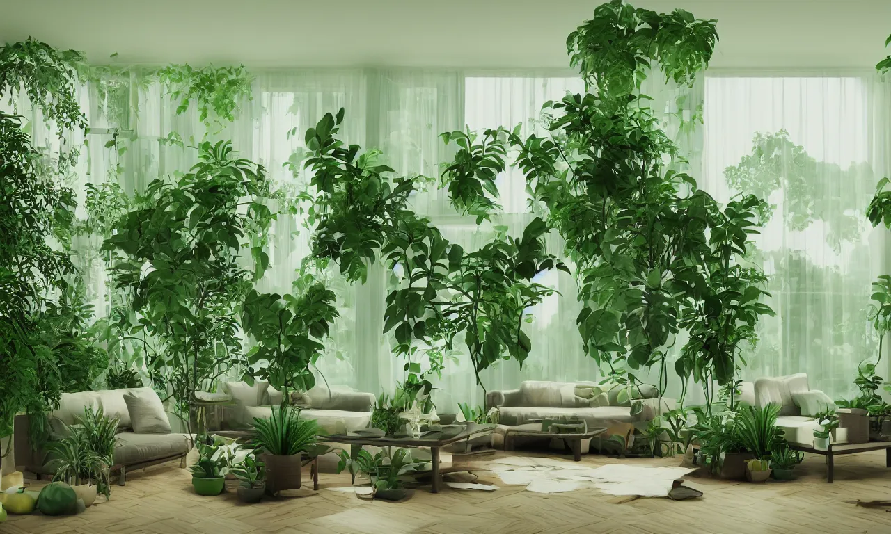 Image similar to comfy green living room with many plants, complicated liminal interior, Lynchian, unsettling, dreamlike with vapor clouds and painting by Henri Rousseau, 3D render by Beeple and Barry Chuckle, layered, parallax effect