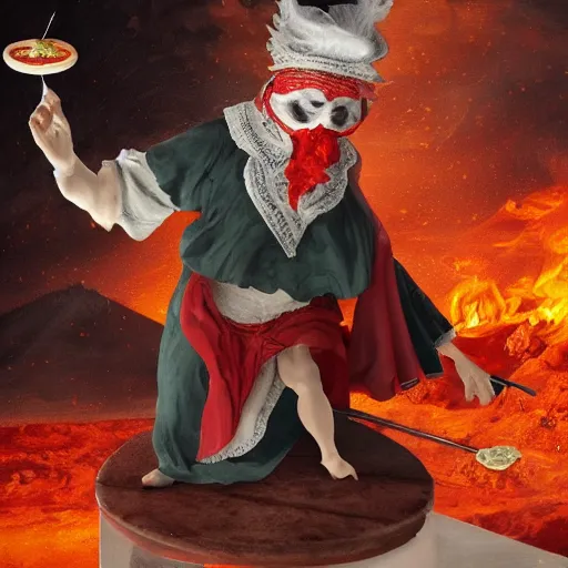 Image similar to a highly detailed pulcinella! with a pizza! margherita, full body, volcano in background, lava and smoke, ominous, detailed painting by arturo faldi, trending on deviantart, octane, masterpiece
