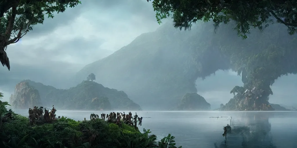 Prompt: screenshot from a movie, skull island, epic matte painting of a misty jungle island on choppy seas, cinematic cinematography masterpiece, skull, greg rutkowski, and ivan aivazovski, roger deakins