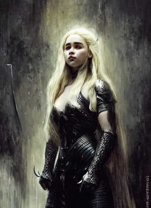 Image similar to young blonde vampire emilia clarke long fangs wearing black medieval armour, by gaston bussiere, bayard wu, greg rutkowski, giger, maxim verehin, greg rutkowski, masterpiece, sharp focus, cinematic lightning