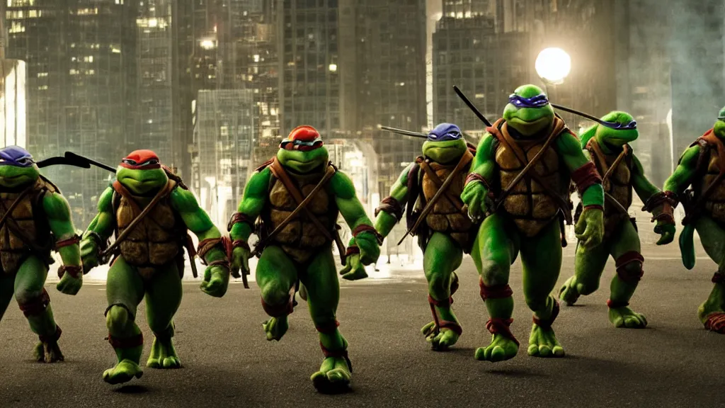 Image similar to Teenage mutant ninja turtles, film still from the movie directed by Denis Villeneuve with art direction by Salvador Dalí, wide lens