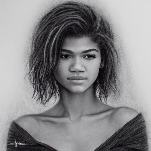 Image similar to a realistic close - up portrait of a zendaya, charcoal drawing, intricate, high definition, 4 k, trending