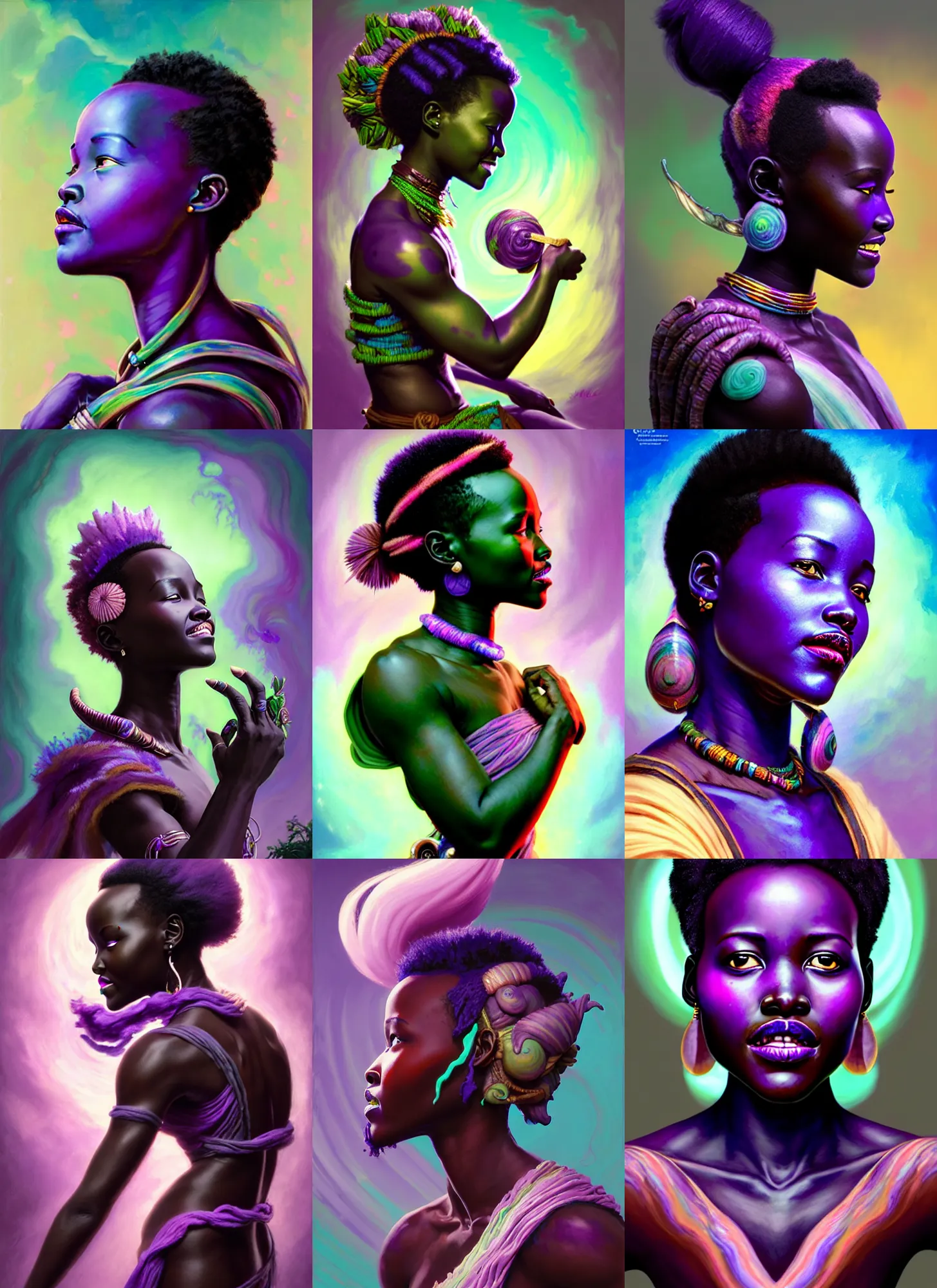 Prompt: side portrait, lupita nyong'o, orc druid shaman, purple skin, gloomhaven, luminescent, colorful swirly magic ripples, pastel colors, by greg manchess, huang guangjian, gil elvgren, sachin teng, greg rutkowski, jesper ejsing, ilya kuvshinov