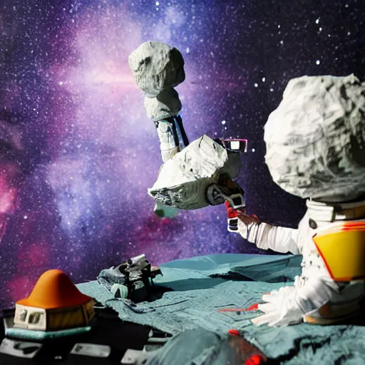 Prompt: a space admiral steering an asteroid, space backdrop, everything made of papier - mache canon 5 d 5 0 mm lens, diorama,