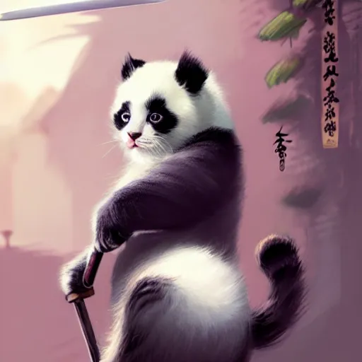 Image similar to drawning of a cute kitten with panda body and cat face, in a kimono, holds a sword, artwork by greg rutkowski, highly detailed, matte painting, digital art, 4 k