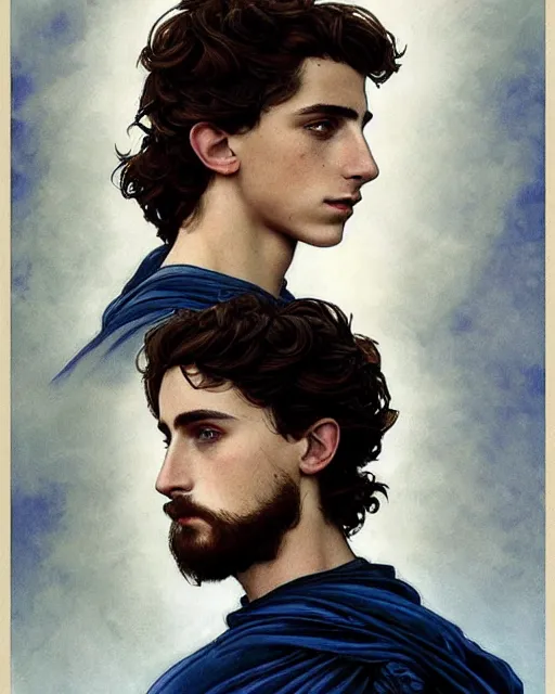 Prompt: beautiful paul atreides timothee chalamet with a beard!, in profile, emperor of the known universe, completely blue eyes, perfect dramatic and dark portrait insanely detailed, concept art, deep focus, intricate, highly detailed, digital painting, artstation, matte, sharp focus, illustration, art by greg rutkowski and alphonse mucha