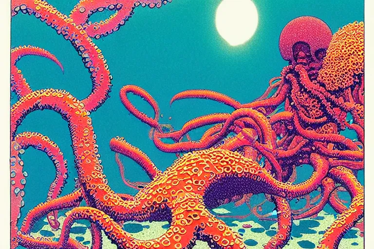 Image similar to risograph grainy drawing vintage sci - fi, satoshi kon color palette, gigantic gundam full - body covered in iridescent dead coral reef 1 9 6 0, kodak, with lot tentacles, natural colors, codex seraphinianus painting by moebius and satoshi kon and dirk dzimirsky close - up portrait