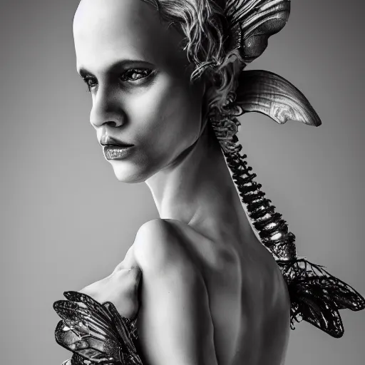 Image similar to bone fairy portrait, she is made of bones studio lighting, portrait photography, black - and - white photography, hyper realism, fantasy, 4 k,