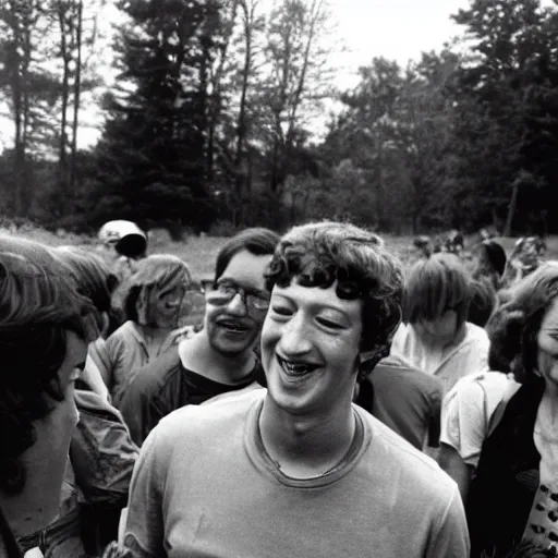 Prompt: photograph of mark zuckerberg at powder ridge rock festival, 1 9 7 0