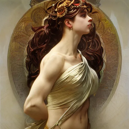 Image similar to stunning dynamic pose, a very much detailed full body of a goddess, intricate, professionally detailed, hdr, light fantasy, dynamic lighting, cinematic CG, smooth, cosplay, a very detailed elegant, sharp focus, a very detailed art by alphonse mucha and greg rutkowski