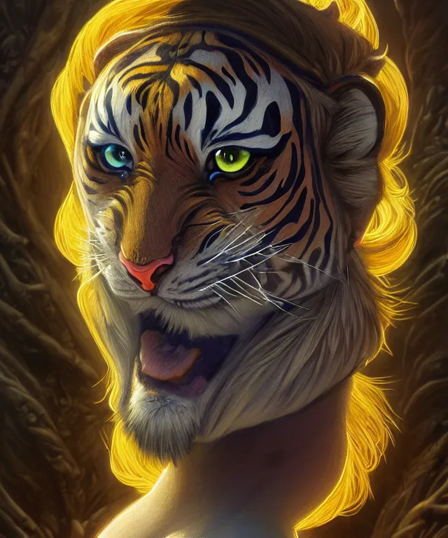 Image similar to anthropomorphic Tiger female, indian origin, fantasy, bright blue eyes, face, black and yellow hair, fantasy, LSD Dream Emulator, intricate, elegant, new york alleyway, moonlit, highly detailed, digital painting, artstation, concept art, smooth, sharp focus, illustration, art by artgerm and greg rutkowski and alphonse mucha